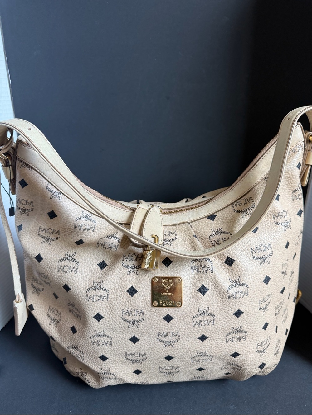 MCM Cream Logo Shoulder Bag with Gold Plaque